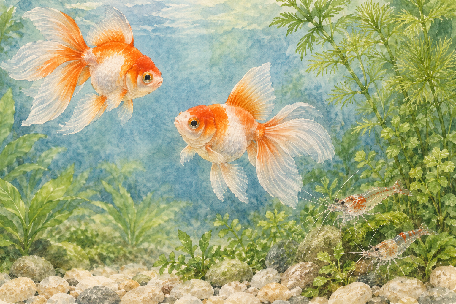 金魚在上方水域游動、觀賞蝦停在水草旁的水彩示意