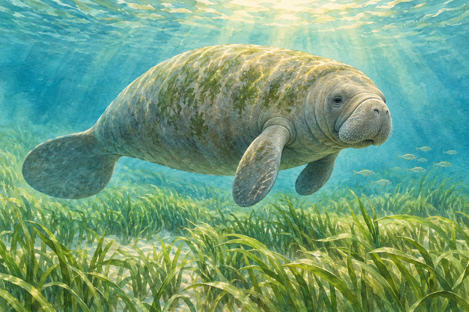 海牛在陽光穿透的海草水域中游動的水彩生態情境插畫