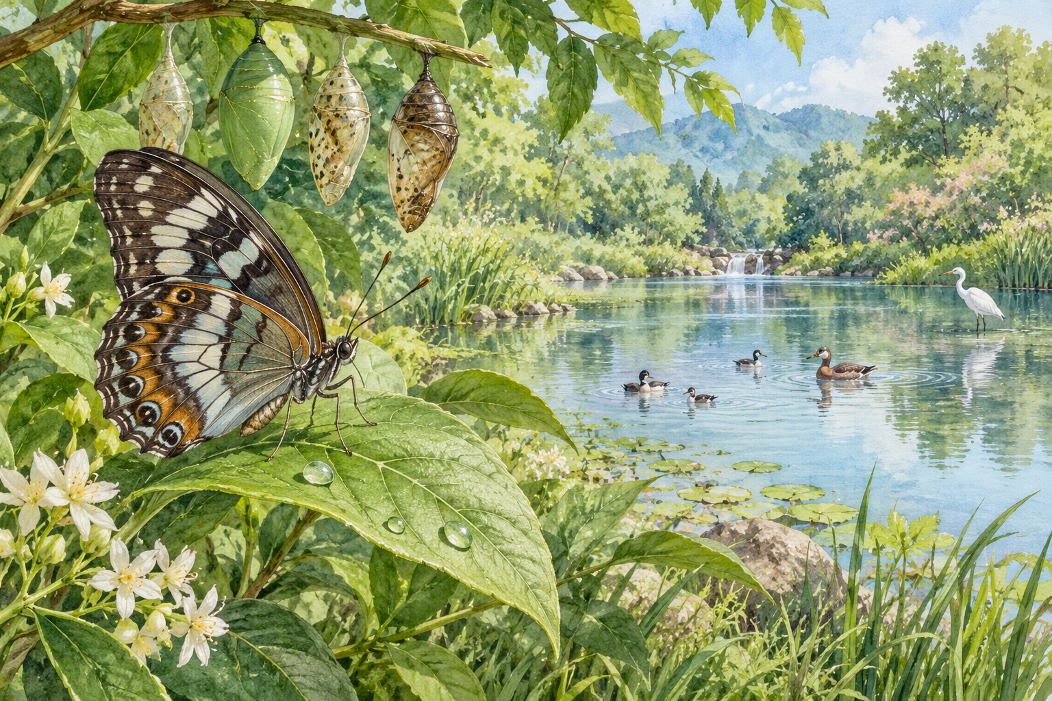 蝴蝶停在葉片上，枝下垂掛蛹，遠處湖面有水鳥的水彩生態意象。