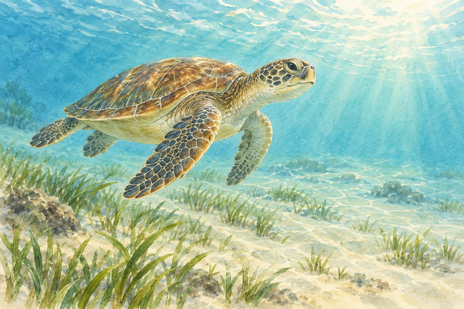 一隻海龜從海草與淺色沙地上方游過的水彩保育教育示意