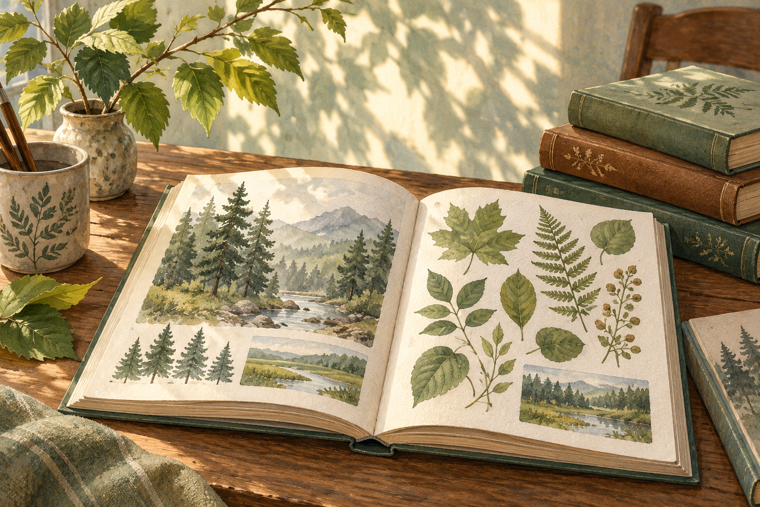 攤開的自然圖鑑、植物葉片與書本的水彩生命教育情境插畫