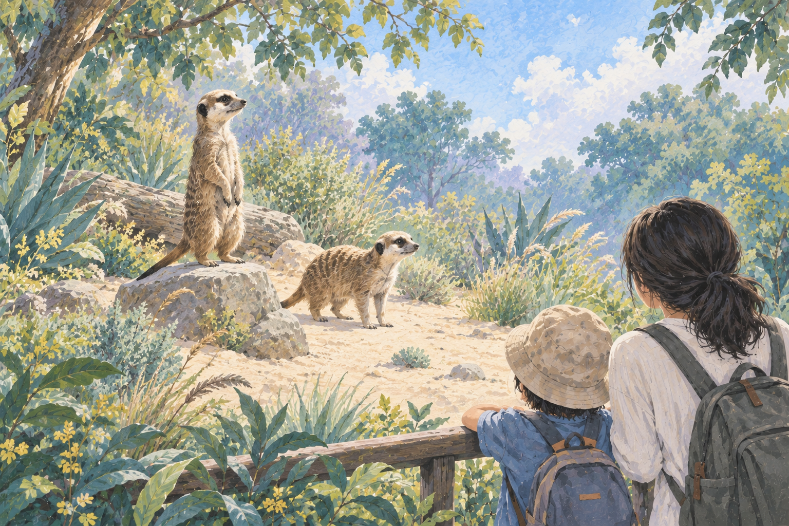 親子觀察兩隻狐獴的繪本風格情境插畫，一隻站立、一隻四足行走。
