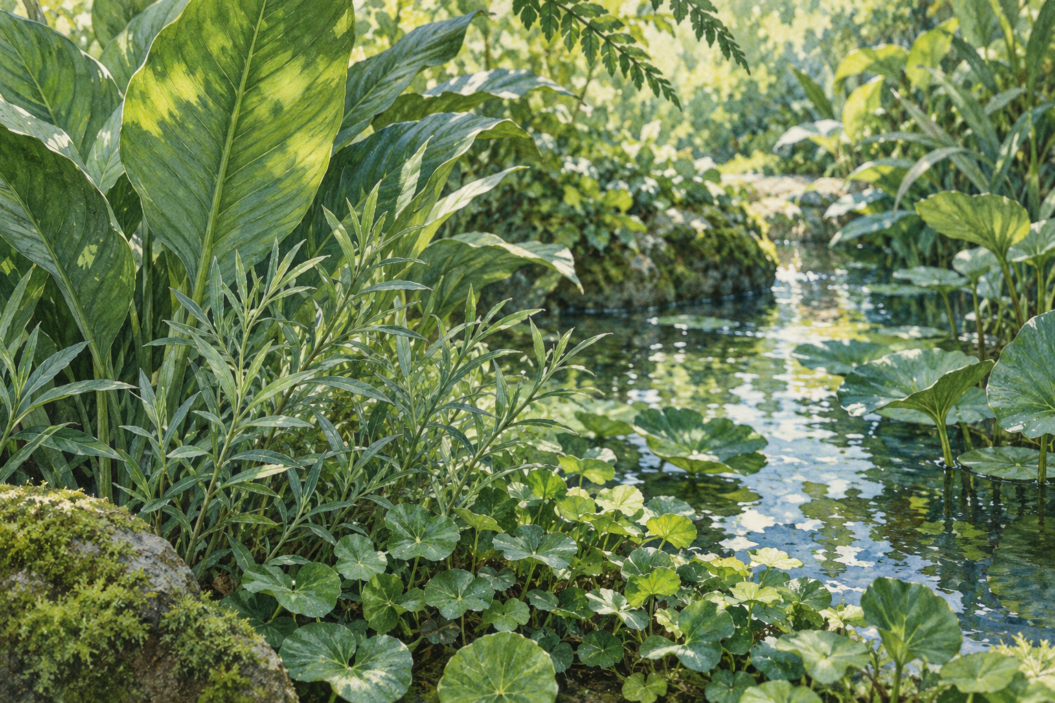 闊葉、細葉與水生植物圍繞水面的水彩示意